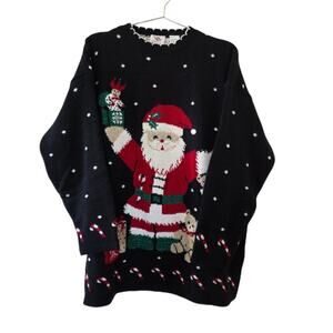 NutCracker Vintage Santa Christmas Sweater Black Holiday Pullover Women Sz L USA